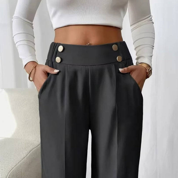 Damen elegante Hochbundhose mit seitlichen Knopfdetails und weitem Bein Drune