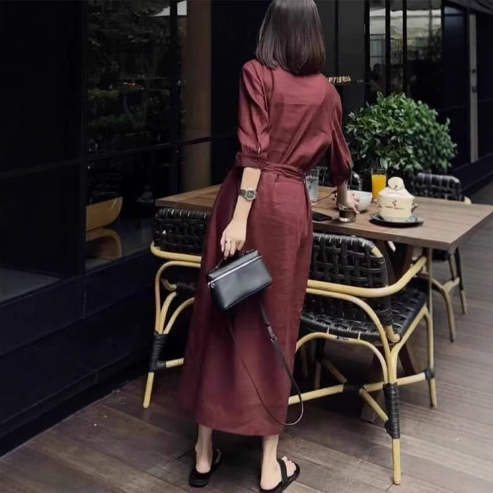 Damen Leichter Culotte-Jumpsuit mit Stehkragen, 3/4-Ärmeln und Taillengürtel Drune
