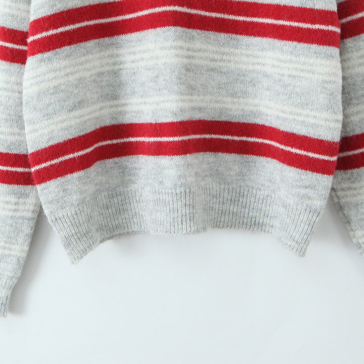 Damen Gestreifter Polokragen-Strickpullover im Oversize-Look Drune