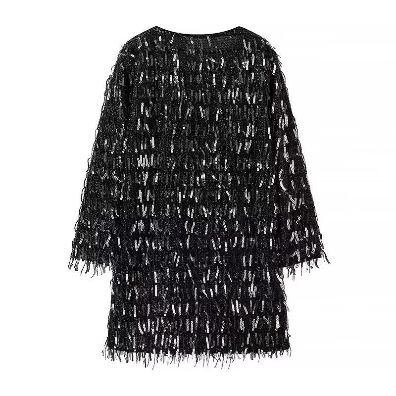 Damen nan glitzerndes Paillettenfransen Kleid mit V‑Ausschnitt, lockerem Boxy‑Schnitt und gefütterter Innenlage Drune