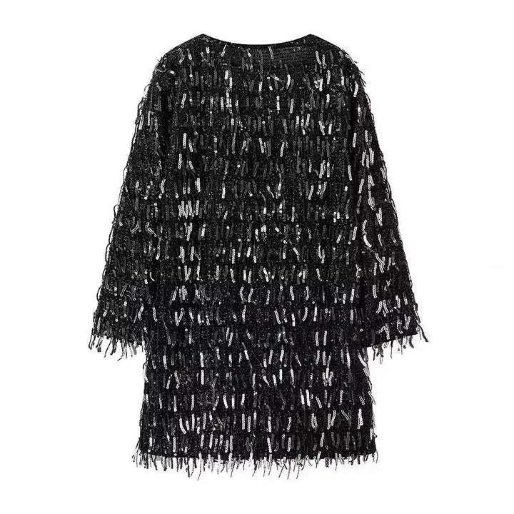 Damen nan glitzerndes Paillettenfransen Kleid mit V‑Ausschnitt, lockerem Boxy‑Schnitt und gefütterter Innenlage Drune