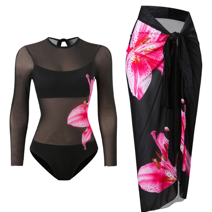 Damen Badeset mit floralem Langarm-Oberteil und raffiniertem Wickelrock Drune