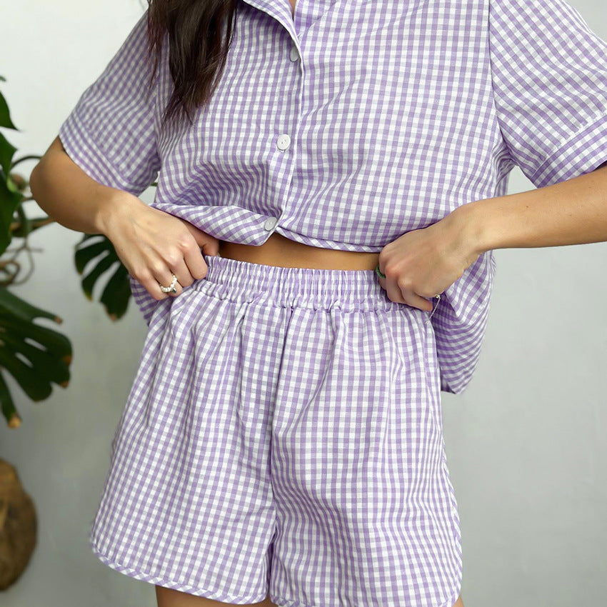 Damen Pyjama-Set mit kariertem Design und kurzen Ärmeln Drune