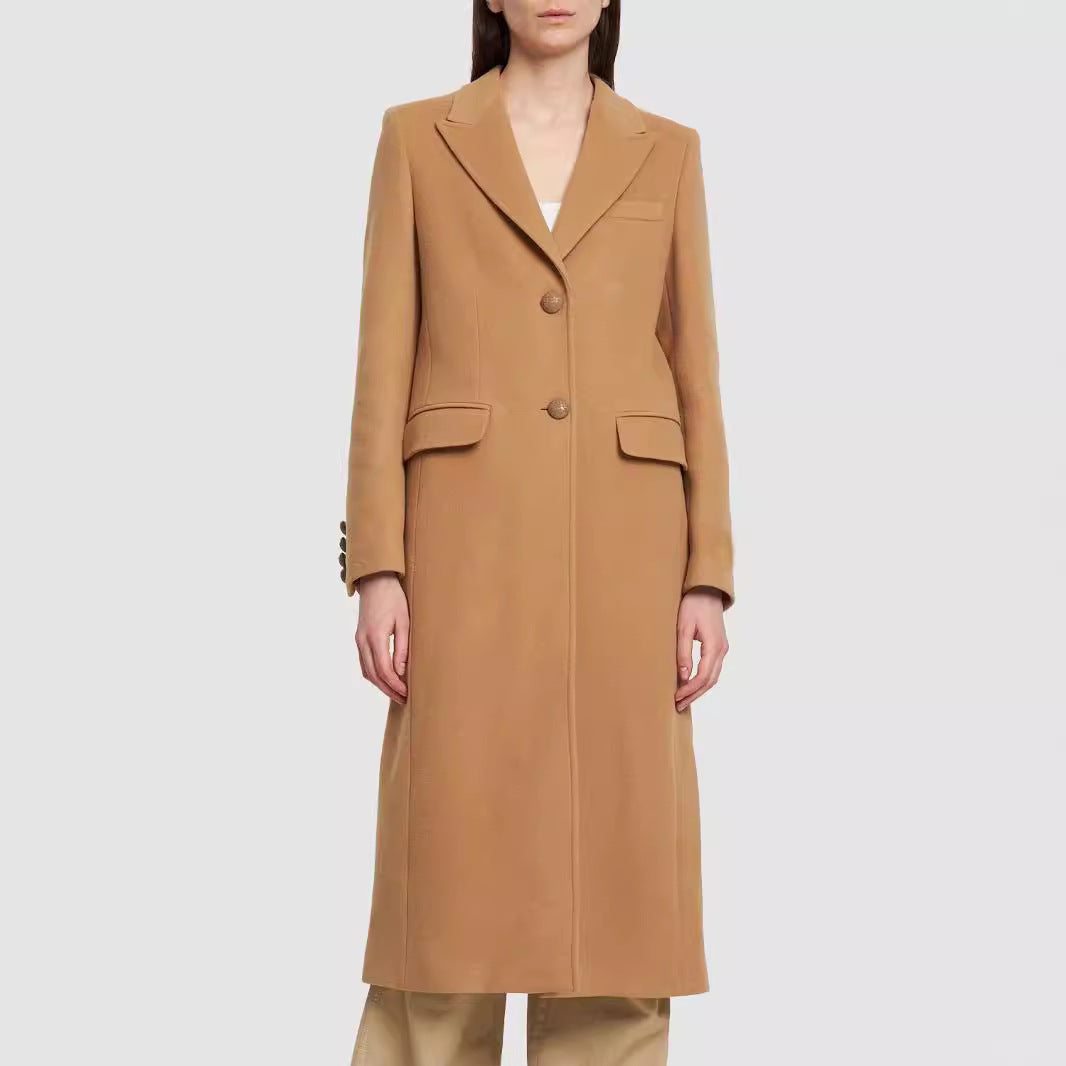 Damen Midilanger Einreihiger Tailoring‑Mantel mit schmalem Revers und Pattentaschen Drune
