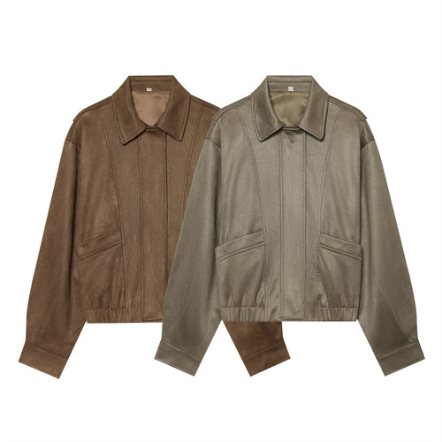 Damen nan kastige vegane Lederblousonjacke mit Hemdkragen, verdeckter Frontleiste und elastischem Saum Drune