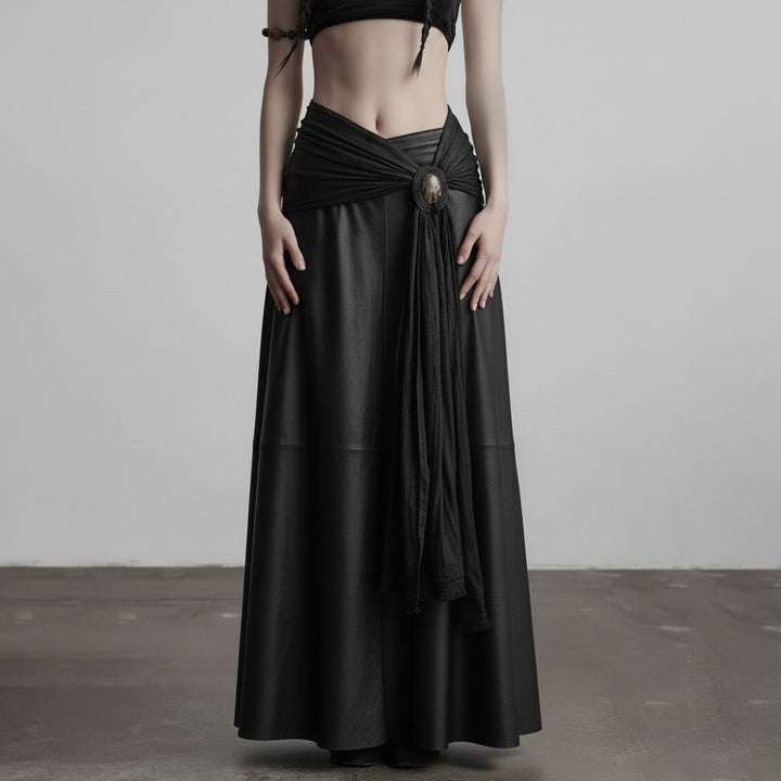 Damen eleganter Satin-Abendrock mit raffinierten Rüschen und Spitzenakzenten Drune