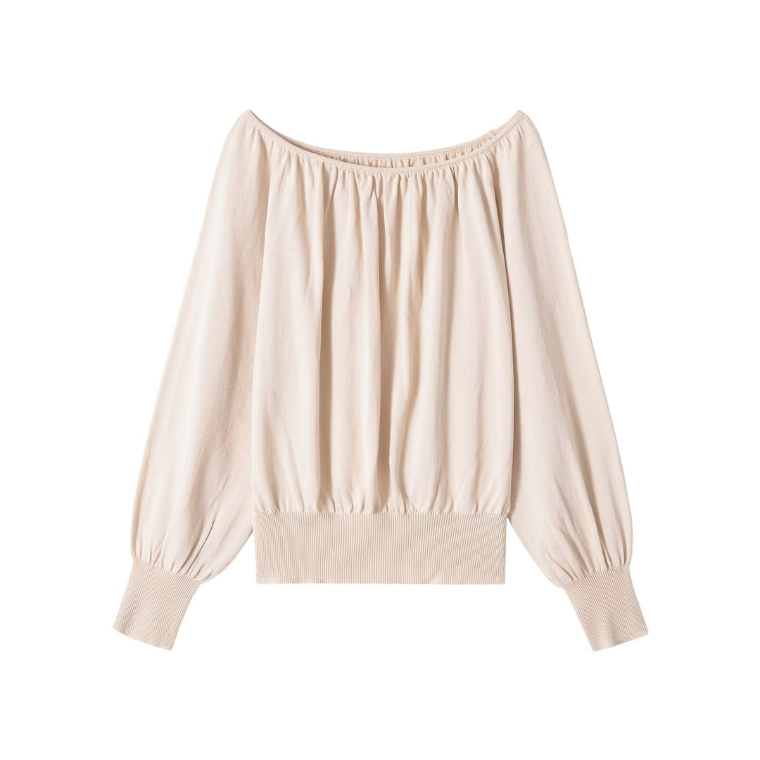 Damen Schulterfreies Oversize-Top mit gerafftem Ausschnitt, Ballonärmeln und breitem Rippbündchen Drune