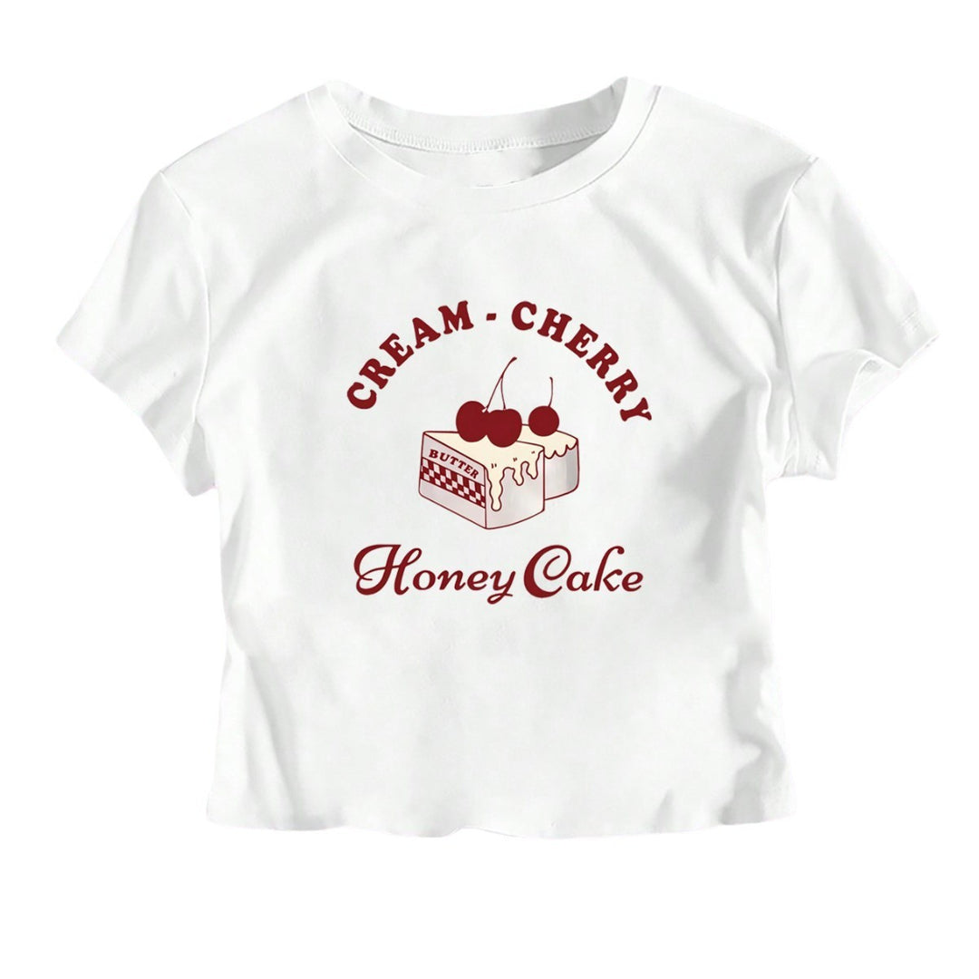 Damen Crop-T-Shirt mit kreativem Dessert-Motiv und modernem Schnitt Drune