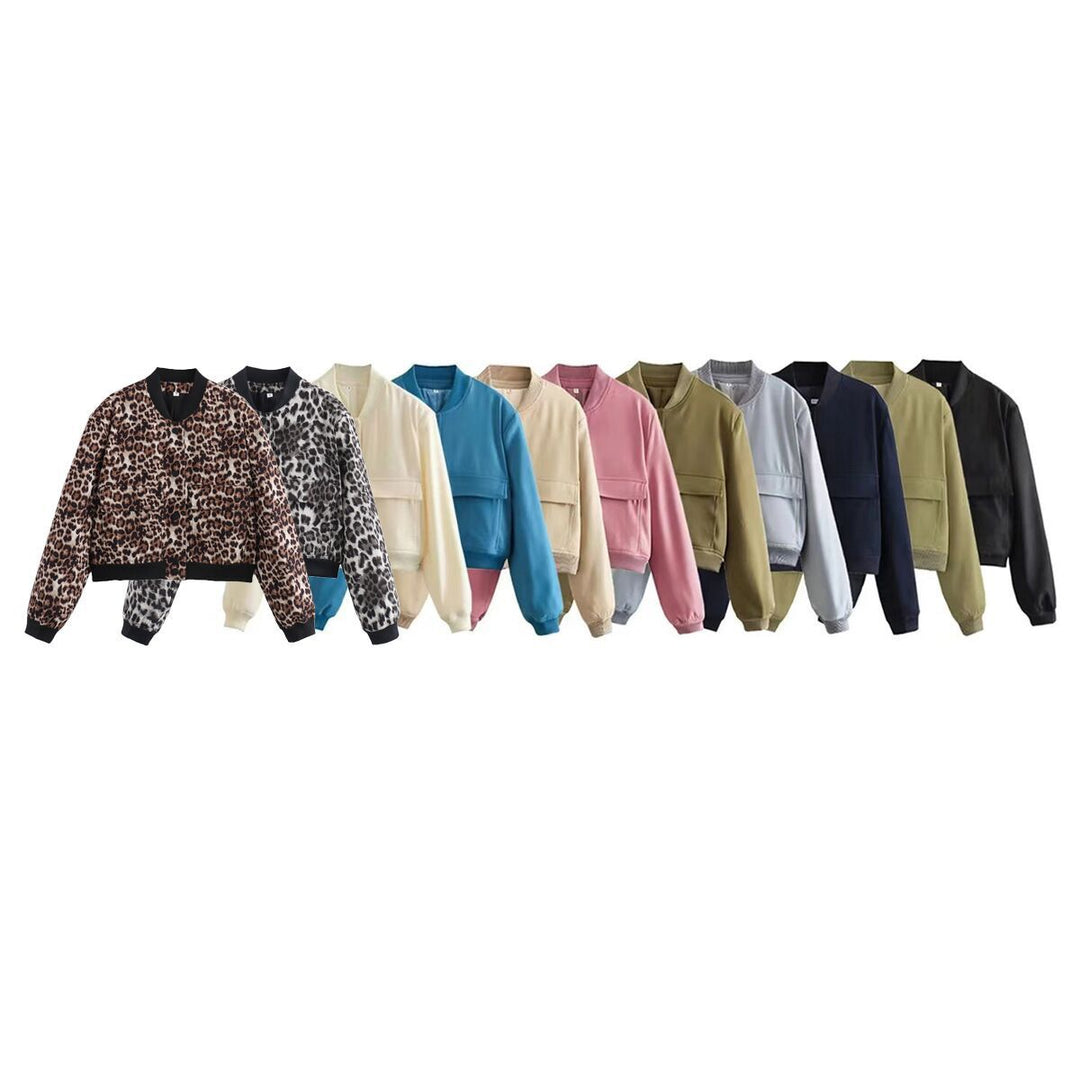 Damen Kurze Bomberjacke mit Leopardenprint, Rippbündchen und Pattentaschen Drune