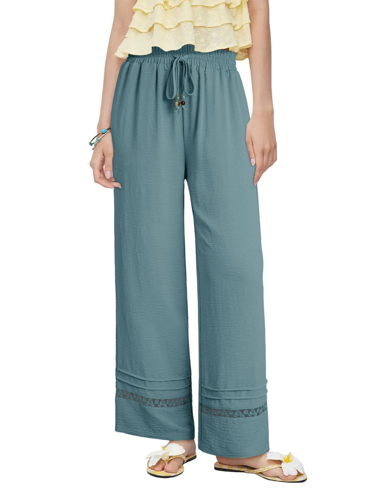 Damen Weite Leinenoptik-Hose mit hohem Gummibund, Bindekordel und Spitzeneinsatz Drune