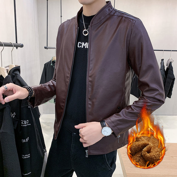 Herren schmal geschnittener Kunstleder Flightblouson mit minimalistischem Stehkragen und verdeckter Reißverschlussleiste Drune