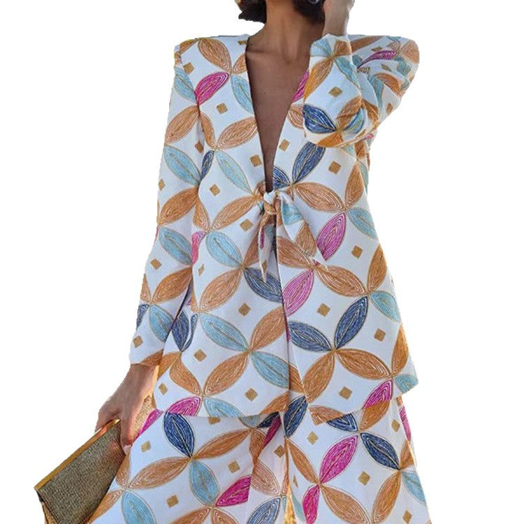 Damen Zweiteiliger Jacquard-Anzug mit Taillenschleife und weitem Bein Drune