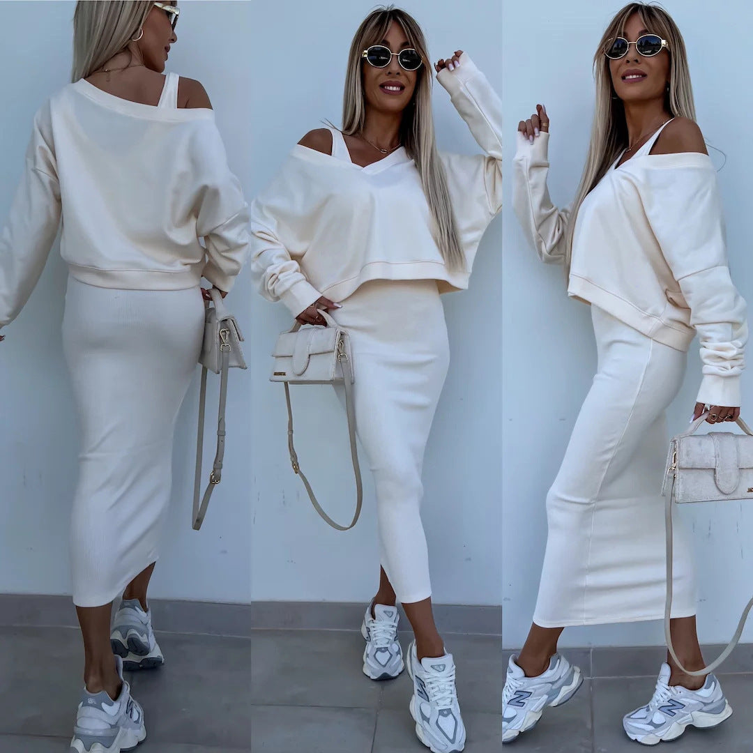 Damen weiches geripptes Lounge-Set mit Oversize-Viskoseshirt und High-Waist Schlaghose Drune