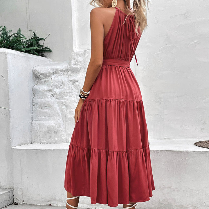 Damen Maxikleid mit tiefem V-Ausschnitt, Taillengurt und voluminösem Rock Drune
