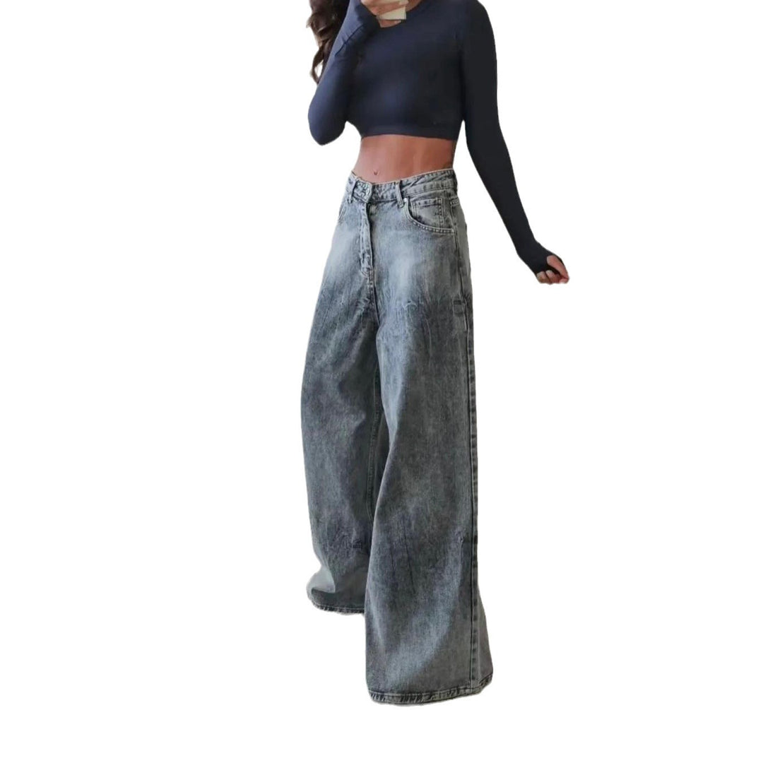 Damen Weite Jeanshose im Vintage-Stil mit hohen Seitentaschen Drune