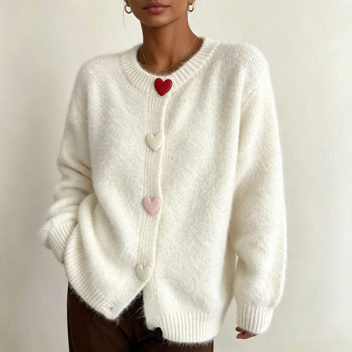 Damen Flauschiger Kurzcardigan mit Herz‑Knopfleiste und Raglanärmeln Drune
