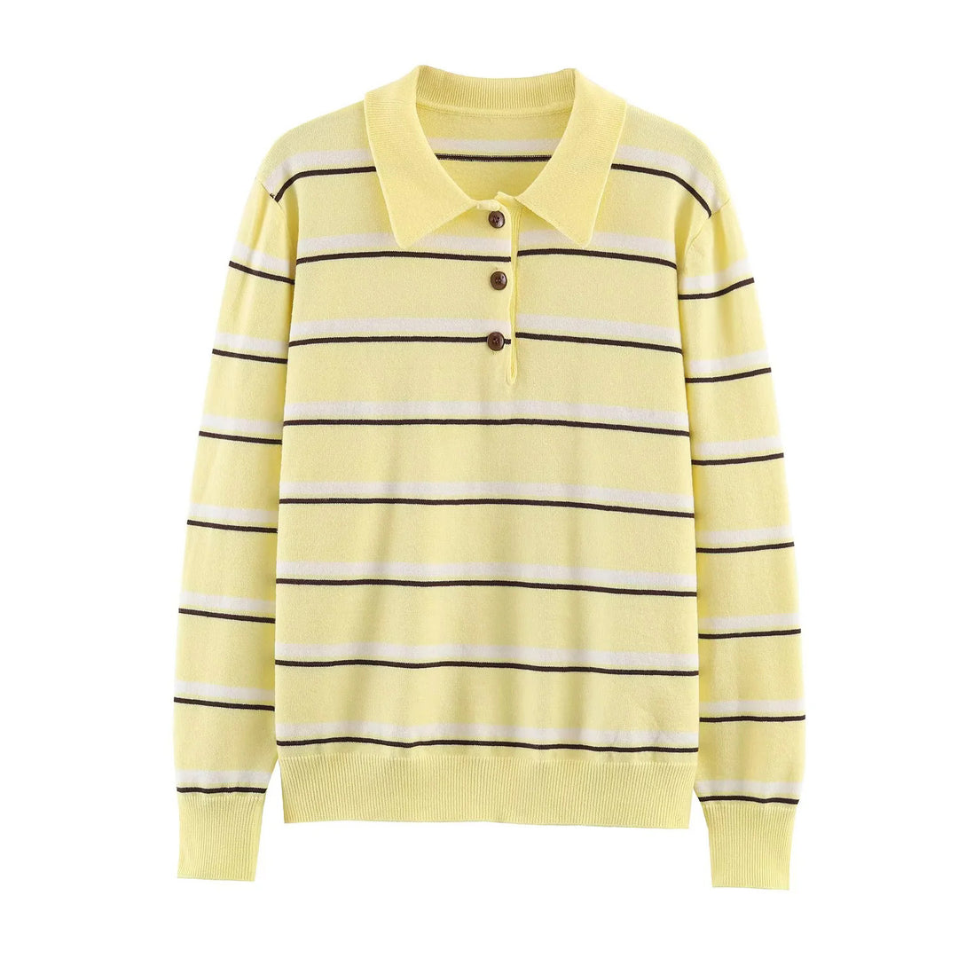 Damen nan gestreifter Poloshirt-Pullover mit Troyerkragen und dezenter Knopfleiste Drune
