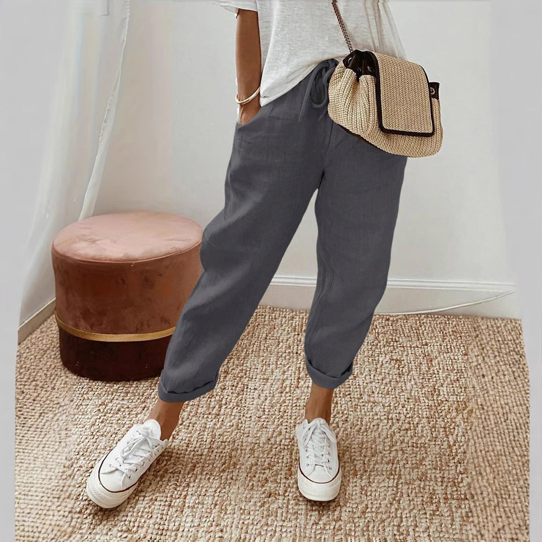 Damen Lässige Leinen-Hose mit elastischem Bund und praktischen Taschen Drune