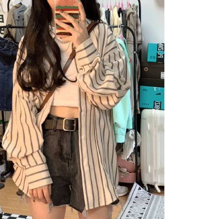 Damen gestreifte Overshirt-Bluse im lässigen Schnitt mit übergroßen Ärmeln