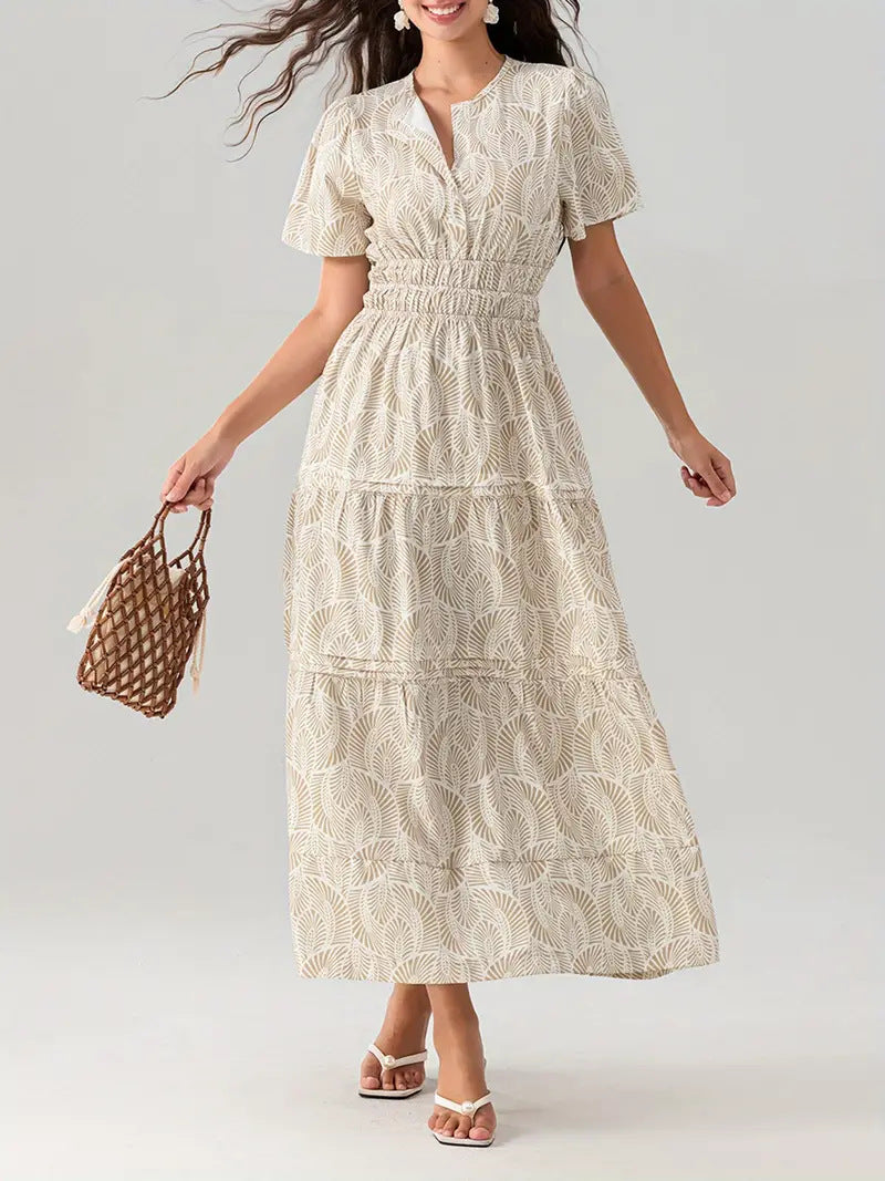 Damen Langes Wickelkleid mit elastischem Taillenzug und stilvollem Muster Drune