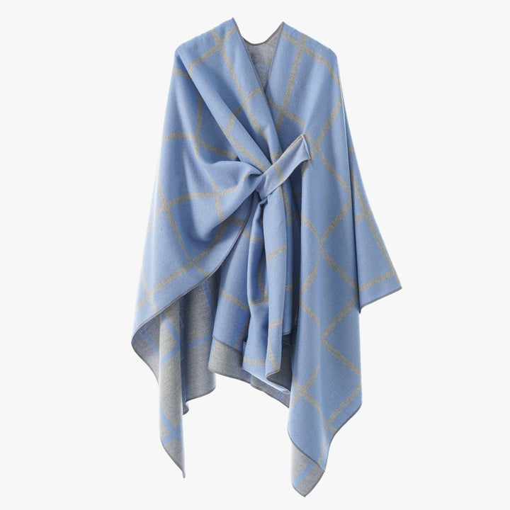 Damen Oversize Wollmix Poncho mit Gürtel und Karomuster Drune
