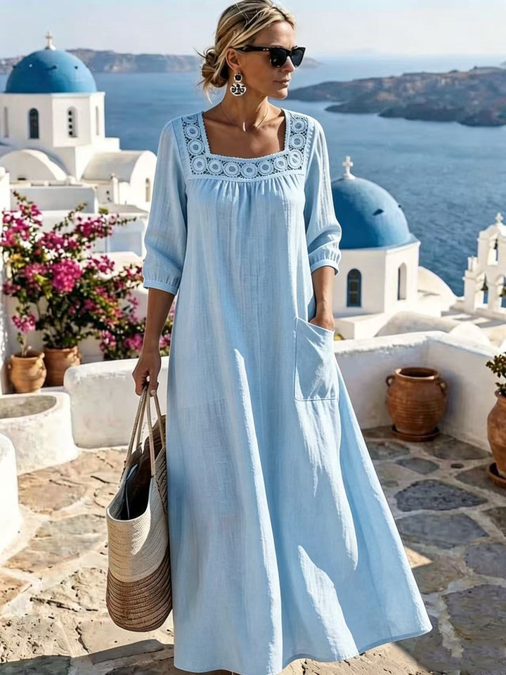Damen Maxikleid mit gehäkeltem Quadrat-Ausschnitt, dreiviertel Ärmeln und Eingrifftasche Drune