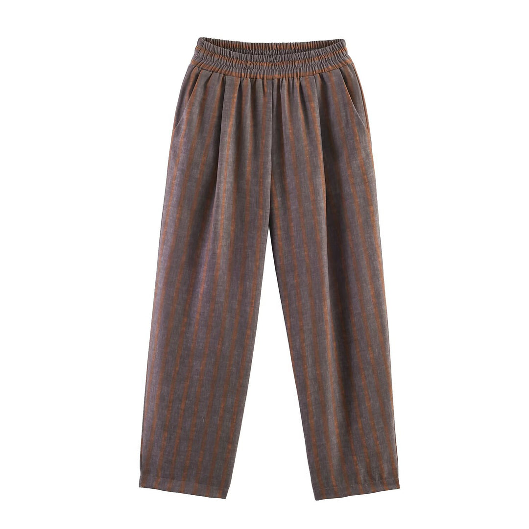 Damen Zweiteiliges Leinen-Set mit Bindegürteljacke und elastischer High-Waist-Hose Drune