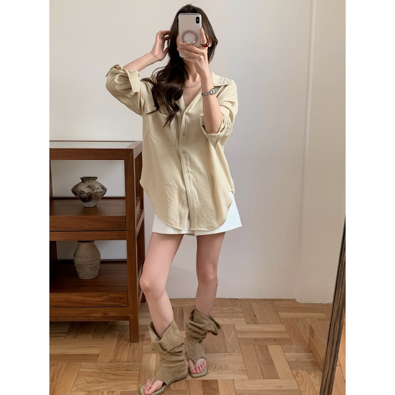 Damen Lässiges Leinenoptik-Longshirt mit Oversize-Schnitt und Brusttasche Drune