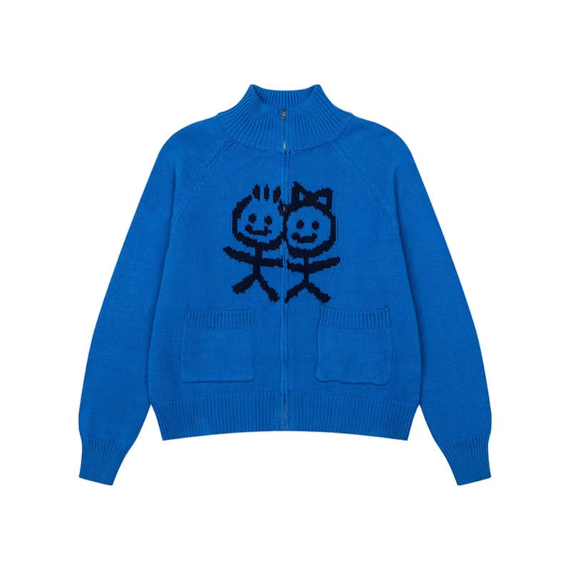 Damen Grobstrick-Zipcardigan mit Stehkragen, aufgesetzten Taschen und Cartoon-Intarsie Drune