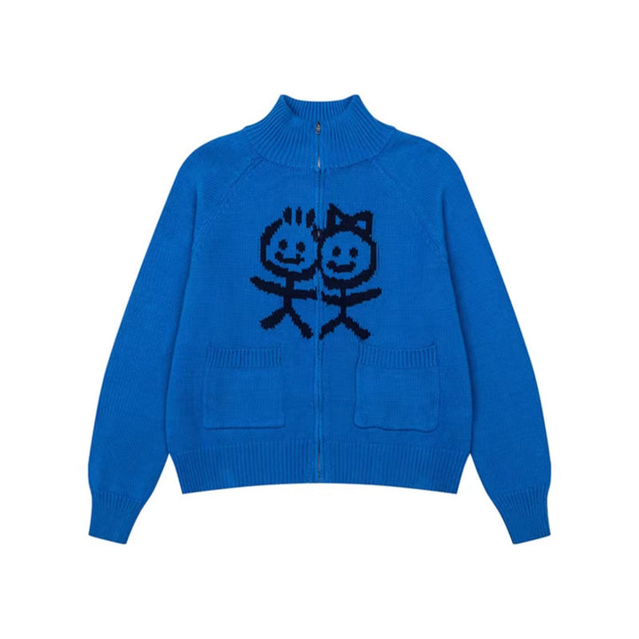 Damen Grobstrick-Zipcardigan mit Stehkragen, aufgesetzten Taschen und Cartoon-Intarsie Drune