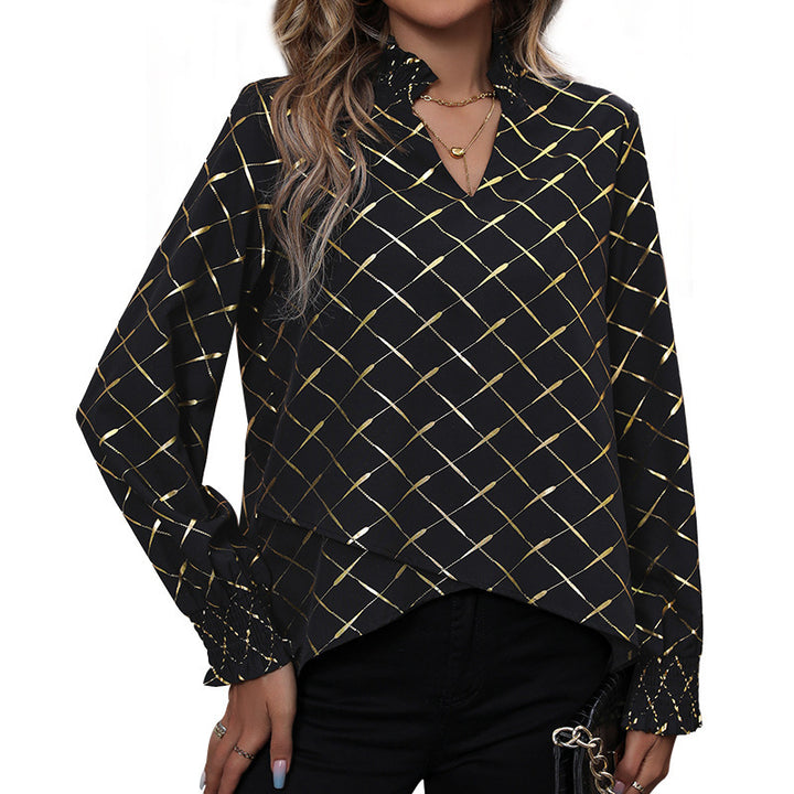 Damen Elegante Bluse mit geometrischem Muster und Rüschen Drune