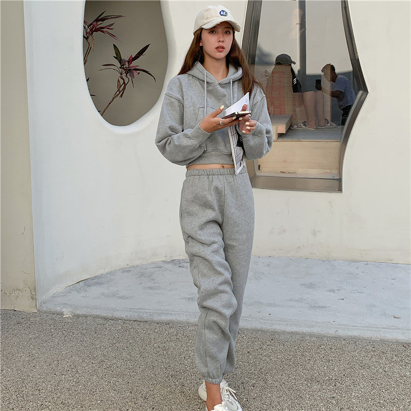 Damen lässiges Sportanzug-Set mit cropped Hoodie und bequemen Jogginghose Drune