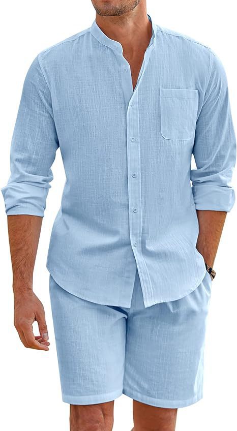 Herren nan Leinenoptik-Zweiteiler mit Stehkragen-Hemd, Brusttasche und legeren Shorts Drune