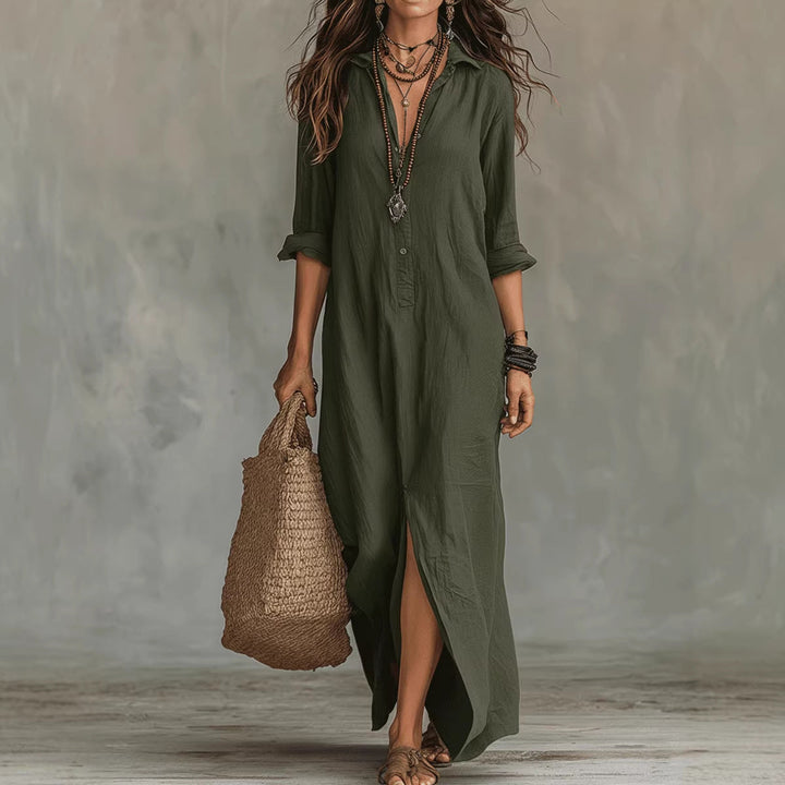 Damen Langes Hemdkleid mit Knopfverschluss und seitlichem Schlitz Drune