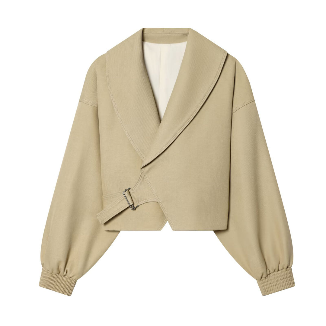Damen Cropped-Manteljacke mit weitem Schalkragen, Taillenriegel und Ballonärmeln Drune
