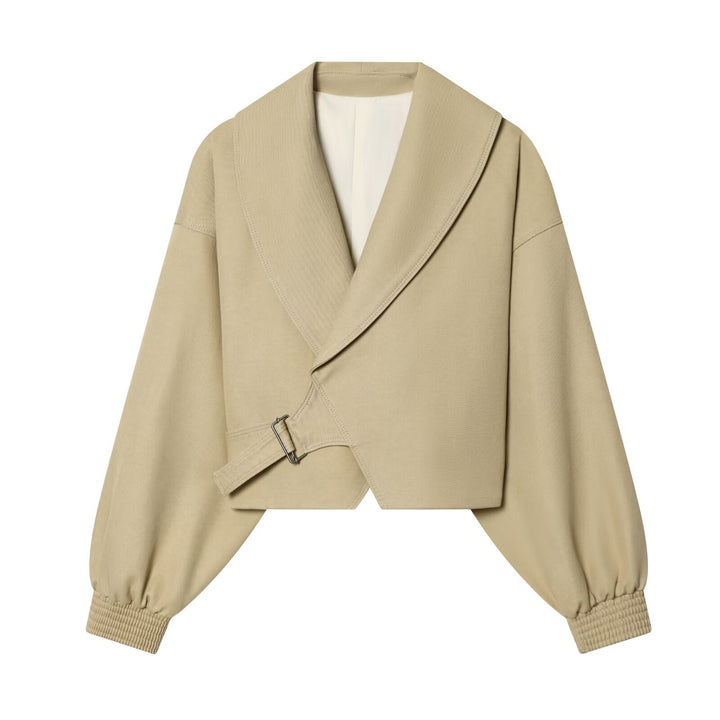 Damen Cropped-Manteljacke mit weitem Schalkragen, Taillenriegel und Ballonärmeln Drune