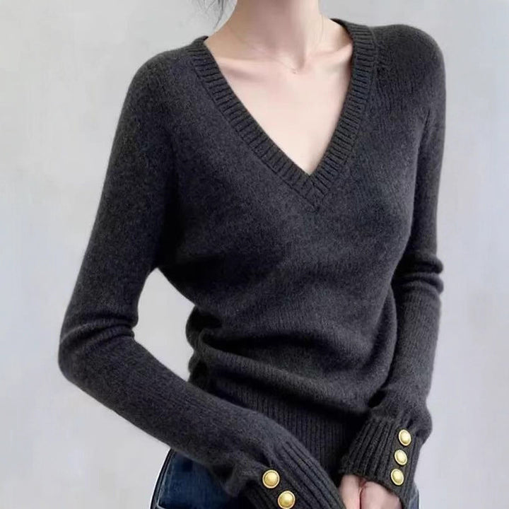 Damen feiner V-Ausschnitt Pullover mit eleganten Knopfdetails Drune