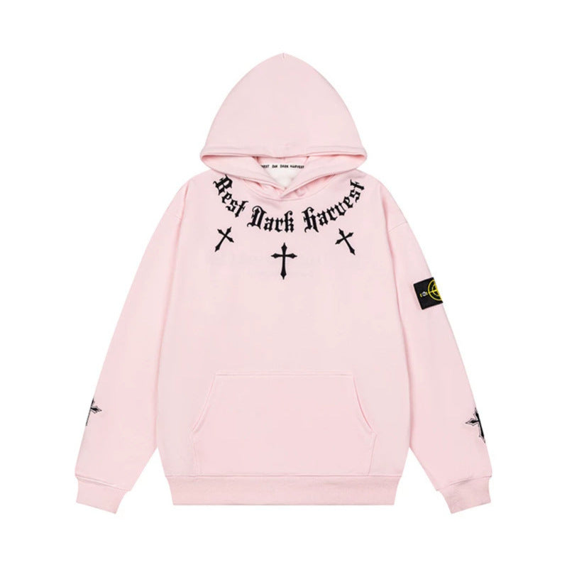 Unisex Oversize Kapuzenpullover mit Gothic-Kreuz-Print, Kängurutasche und Rippbündchen Drune