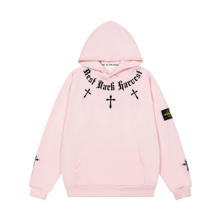 Unisex Oversize Kapuzenpullover mit Gothic-Kreuz-Print, Kängurutasche und Rippbündchen Drune
