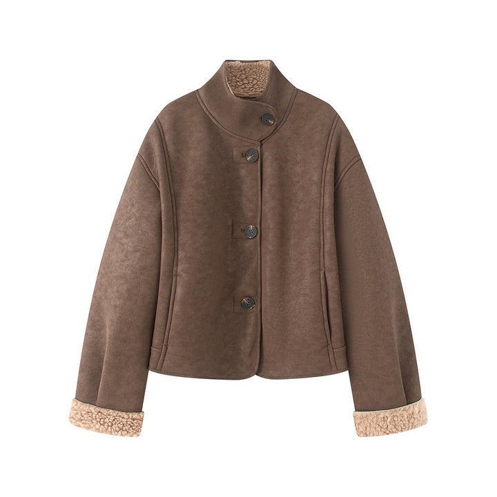 Damen nan kurze Lammfelloptik-Jacke mit hohem Stehkragen und geknöpfter Front Drune