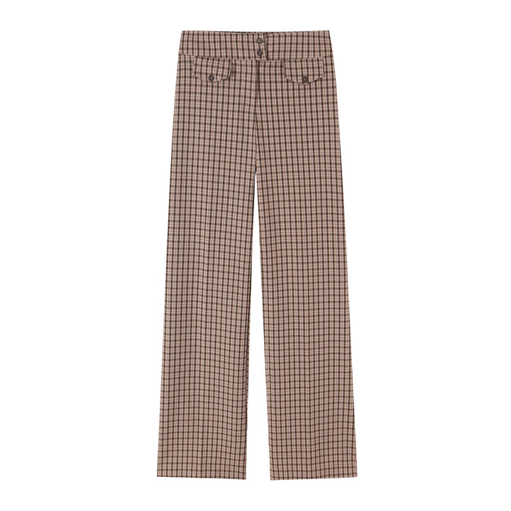 Damen Hochtaillierte weite Stoffhose mit Karo-Muster und Zierklappen Drune