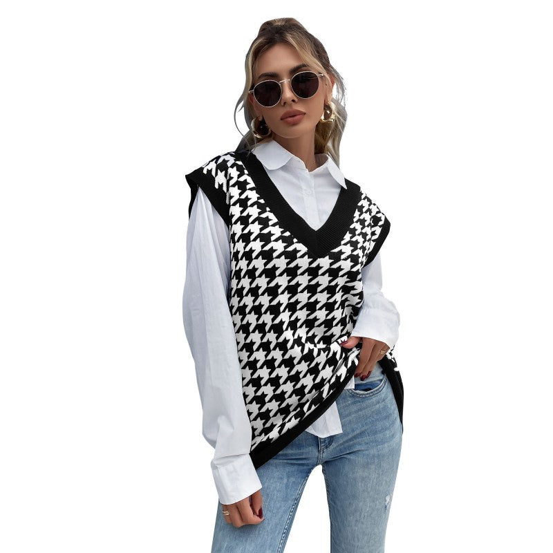 Damen Oversize Strickweste mit Hahnentrittmuster und V-Ausschnitt Drune