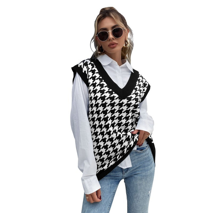 Damen Oversize Strickweste mit Hahnentrittmuster und V-Ausschnitt Drune