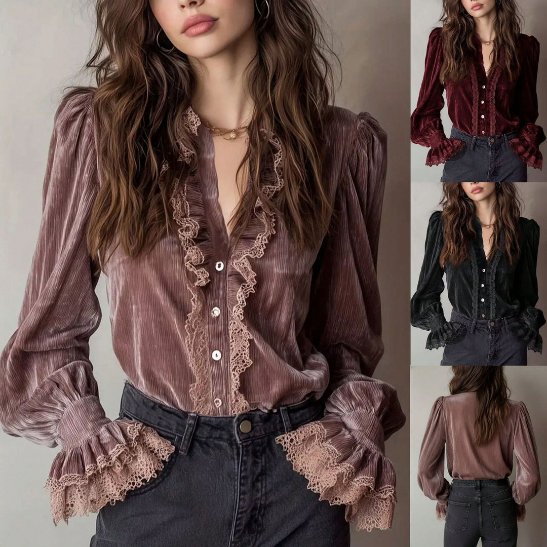 Damen Plissée-Veloursbluse mit Spitzenrüschen und Puffärmeln Drune