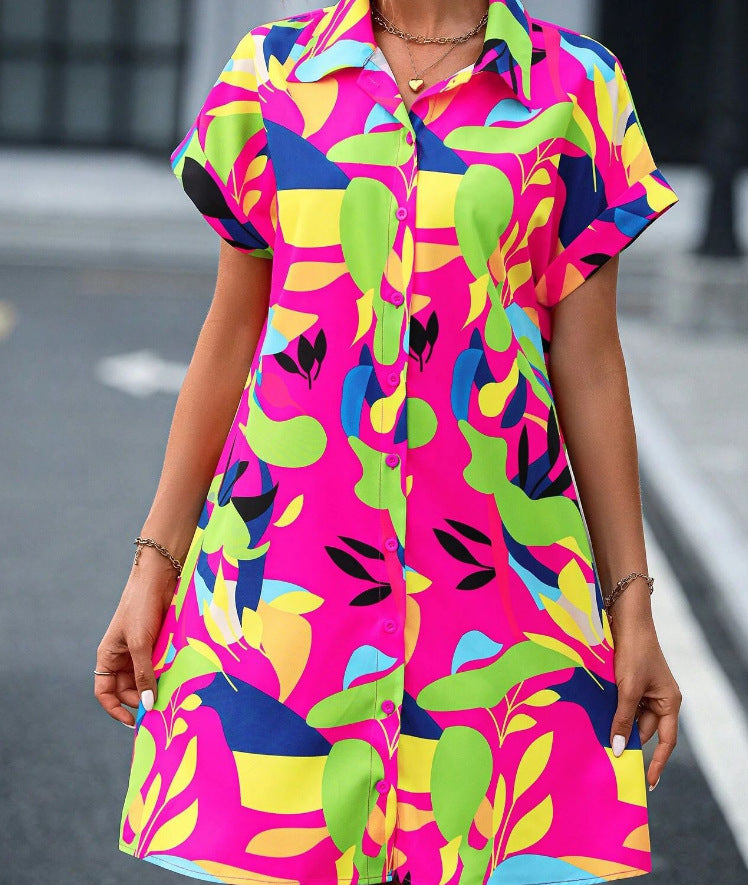 Damen Lockeres Hemdblusenkleid mit Knopfleiste, Reverskragen und floralem Print Drune