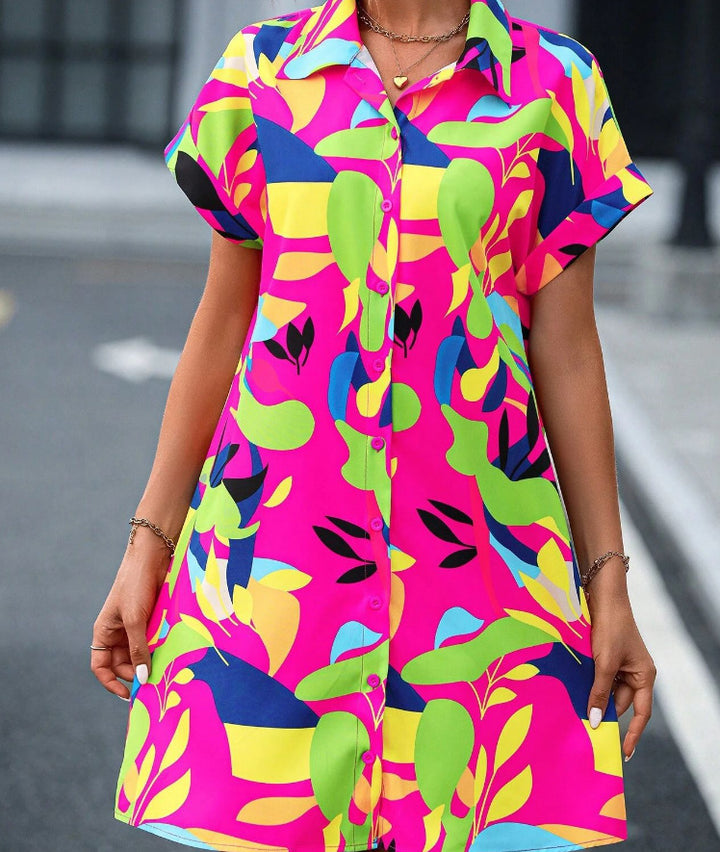 Damen Lockeres Hemdblusenkleid mit Knopfleiste, Reverskragen und floralem Print Drune