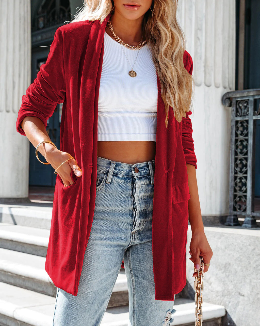 Damen lässiger Longcardigan mit seitlichen Taschen und offenem Schnitt Drune