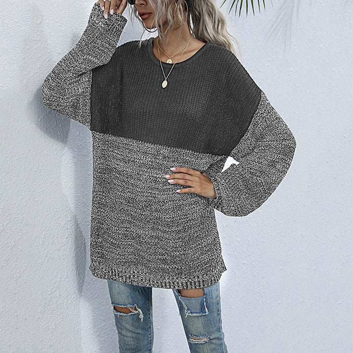 Damen Oversize-Strickpullover im Melange-Blockdesign mit Rundhalsausschnitt & verlängertem Saum Drune