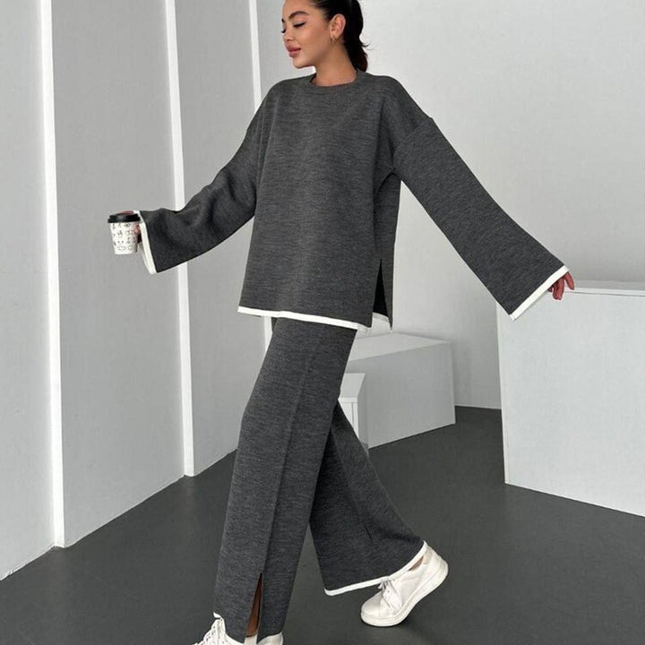 Damen Lässiges Strick-Relax-Set mit weitem Oversize-Pullover und ausgestellter Schlaghose Drune