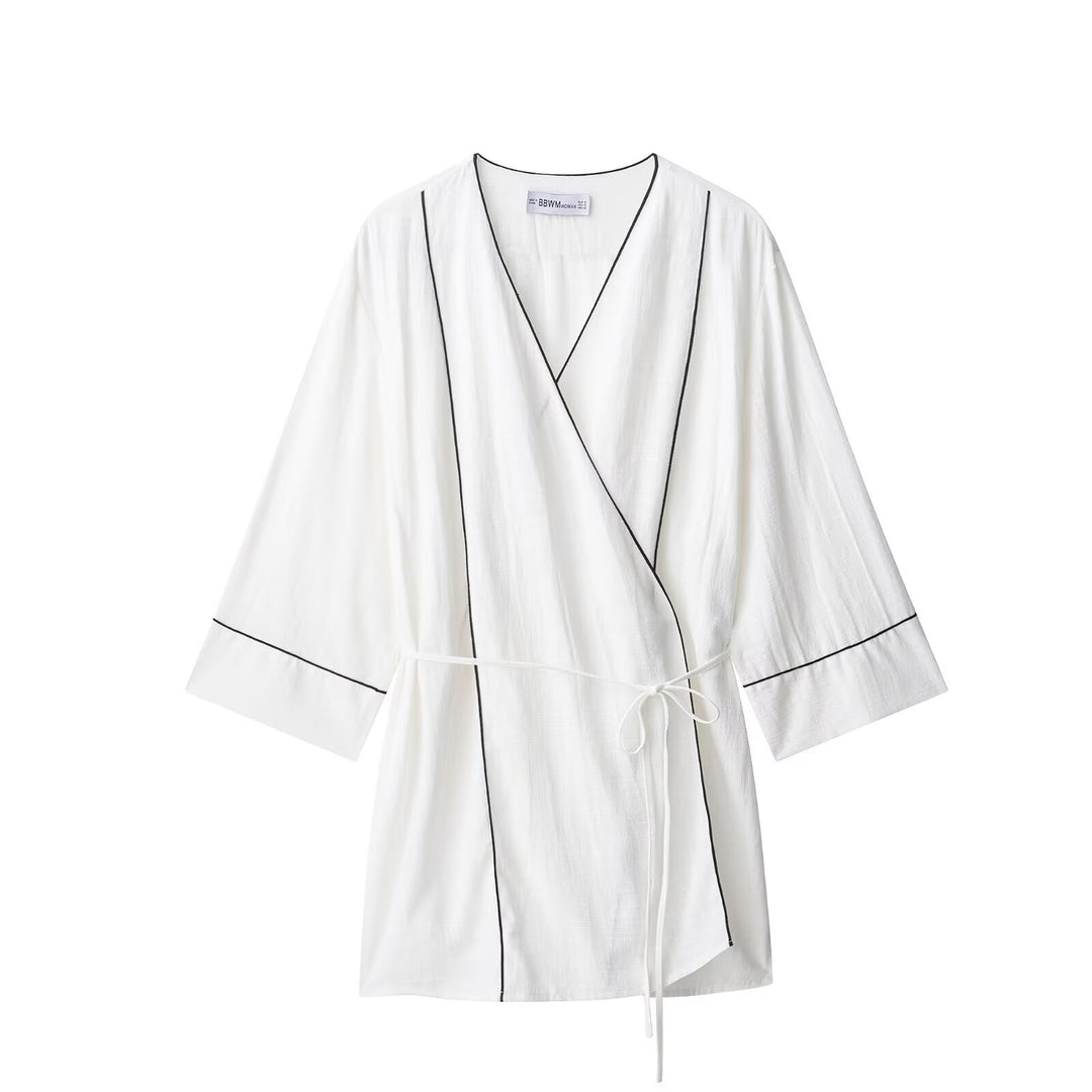 Damen Kimono-Cardigan mit Bindegürtel und Kontrastpaspel Drune